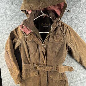 Barbour Equine Waxed Jacket Women Fleece Lined Hooded Size 4 US Zip Brown Belted